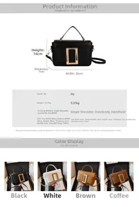 Detailed size guide and four color options for the stylish PU leather women's handbag