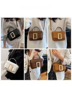 Collage of chic vintage square bags in four colors with large gold metal buckles