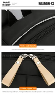 Detail of thickened webbing handle and faux leather zipper puller on a black backpack