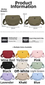 Size comparison and specifications chart for the nylon crossbody bag in ten colors