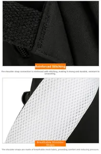 Close-up of reinforced stitching and breathable honeycomb mesh padding on the backpack straps