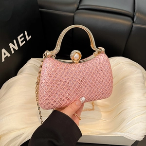 Elegant Women Glitter Sequin Evening Clutch Bag Pearl Lock Gold Silver Box Handbag For Wedding Party Crossbody Chain Bag