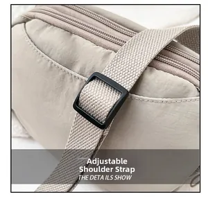 Detail showing adjustable nylon shoulder strap and precise stitching on the casual crossbody bag
