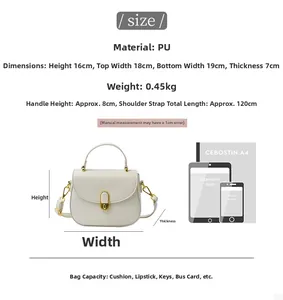 Size guide for white PU crossbody bag with lock showing dimensions and item compatibility