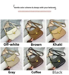Detail view of stylish saddle bags in off-white, brown, khaki, grey, coffee, and black