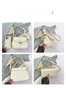 Detail view showing four angles of a white vintage crossbody bag with gold lock and strap