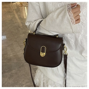 Detail of a dark brown semi-circle handbag with golden clasp and adjustable shoulder strap