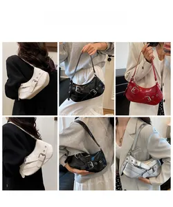 Detailed views of women's baguette shoulder bag in various colors with metallic buckle