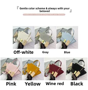 Collage of crocodile pattern handbags in seven colors with metal twist locks and chain straps