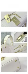 Detailed views of white crocodile embossed leather bag with gold hardware and chain strap