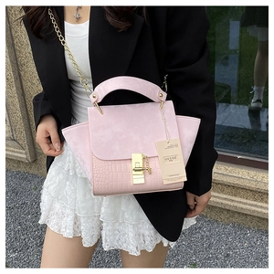 Detail of pink croc-embossed and matte leather winged bag with gold chain strap