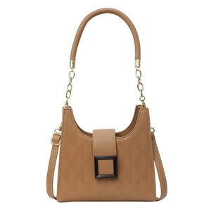 Brown quilted crossbody bucket bag with gold chain handle and minimalist design