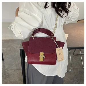 Detail of burgundy crocodile-embossed handbag with gold clasp and chain strap