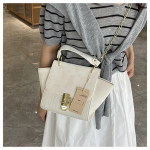 Close-up of white crocodile pattern handbag with gold twist lock and chain strap