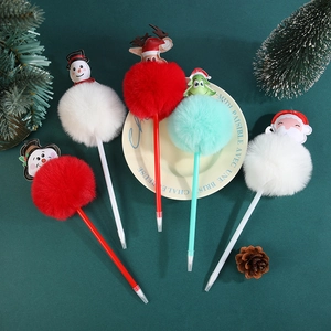 Set di penne a sfera natalizie con pompon di peluche, Babbo Natale e pupazzi di neve