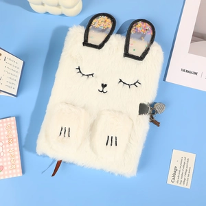 White plush rabbit notebook with sparkling sequin ears and a silver metal lock