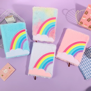 Plush unicorn notebook set with rainbow embroidery and soft faux fur covers in four colors