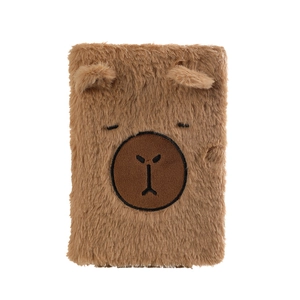 Plush capybara notebook cover with soft brown faux fur and embroidered cartoon face