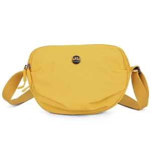 Bright yellow lightweight nylon crossbody bag with half-moon shape and wide strap