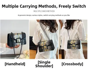 Three-way carry demonstration of a snakeskin print chain crossbody bag with flap cover