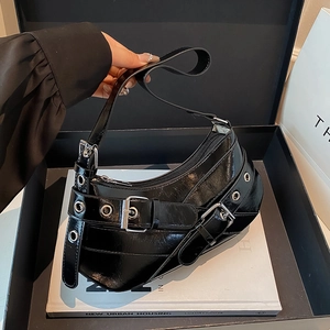 Women Shoulder Bag Y2K Punk Moto Style Underarm Hobo Bag Shiny PU Leather Metal Eyelets Buckle Straps Trendy Fashion