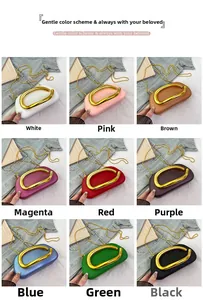 Collage of mini evening bags with gold round handles in nine vibrant color options