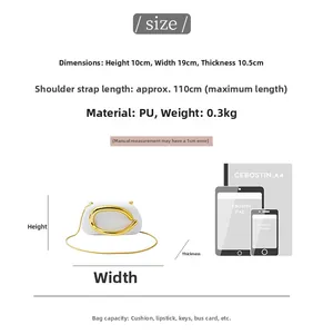 Mini white clutch bag size guide with dimensions and comparison to an iPad and iPhone