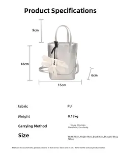 Detailed size chart showing silver bucket bag dimensions 15x18x6cm with PU material specs