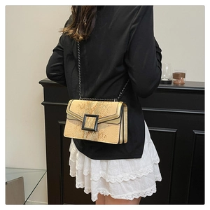 Detail of snake pattern shoulder bag with chain strap and square buckle on model