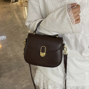 Deep brown leather saddle bag with gold metal buckle shown in a stylish crossbody wear