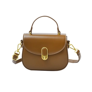 Elegant brown PU leather crossbody bag with gold twist lock and adjustable strap