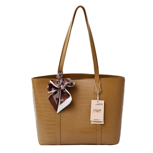Brown crocodile pattern tote bag with decorative silk scarf and large capacity design