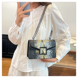 Detail of snake print crossbody bag with black matte buckle and metal chain strap
