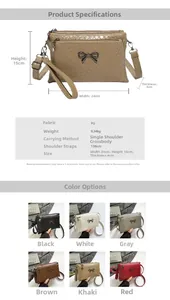 Detailed size specifications of woven PU handbag with metal bow and 136cm strap