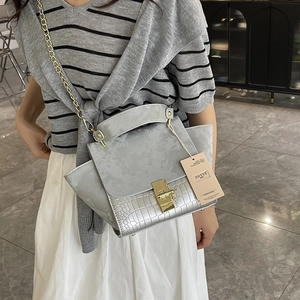 Silver-gray crocodile pattern and suede panel handbag with gold chain strap for women
