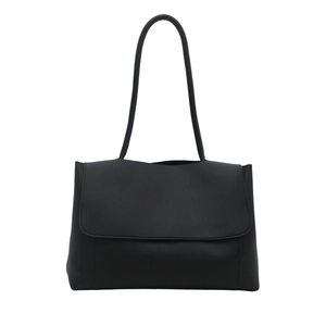 Classic black minimalist PU leather tote bag with large flap and spacious trapezoid design