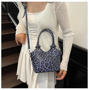 Detailed view of leopard print handbag with glossy texture and silver-tone hardware