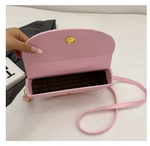 Detail of pink saddle bag interior with brown striped lining and gold magnetic closure