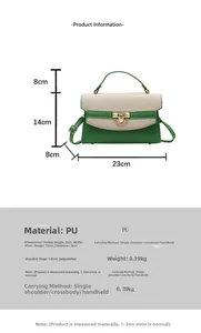 Detailed view of green and beige crossbody bag with dimensions and specifications
