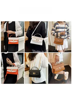 Collage of fashion crossbody bags in orange, white, and black shown on a female model