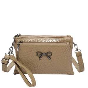 Women Woven PU Leather Crossbody Bag Fashion Metal Bow Multi Layer Zipper Shoulder Bag Large Capacity Handbag Daily Purse