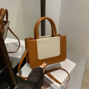 Women Crossbody Bag PU Leather Canvas Spliced Contrast Color Handbag Top Handle Casual Daily Commute Fashion Square