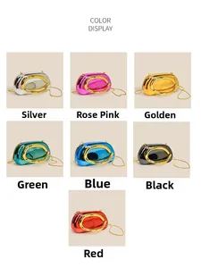 Multiple glossy acrylic evening bags in vibrant metallic colors with gold handles
