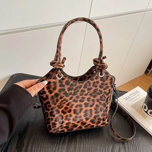 Vintage Leopard Print PU Leather Women Bucket Bag Shiny Handbag Crossbody Bag Adjustable Shoulder Strap Casual Tote Purse