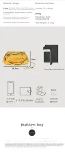 Detailed view of acrylic clutch bag with gold finish and detachable metal chain strap