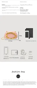 Size guide for pink acrylic evening clutch showing dimensions and capacity for iPhone