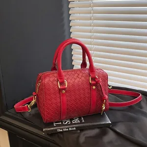 Woven Boston Bag PU Leather Top Handle Crossbody Handbag For Women Casual Travel Elegant Retro Style Gold Hardware