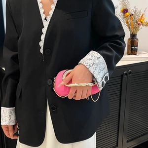 Rose pink party clutch with gold arc handle and chain strap for luxury banquet fashion