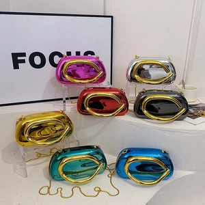 Mirror finish acrylic clutch bag set with gold C-handle and chain straps in multiple colors
