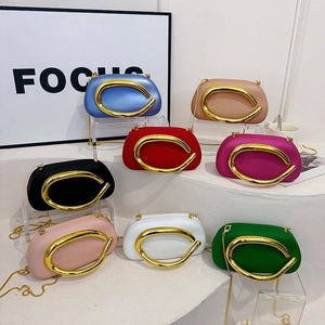 Chic acrylic party clutch in 8 colors with metallic C-shaped handle and gold chain strap